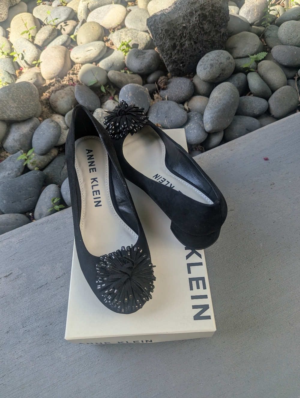 Anne Klein Black Embellished Round-Toe Ballet Flats